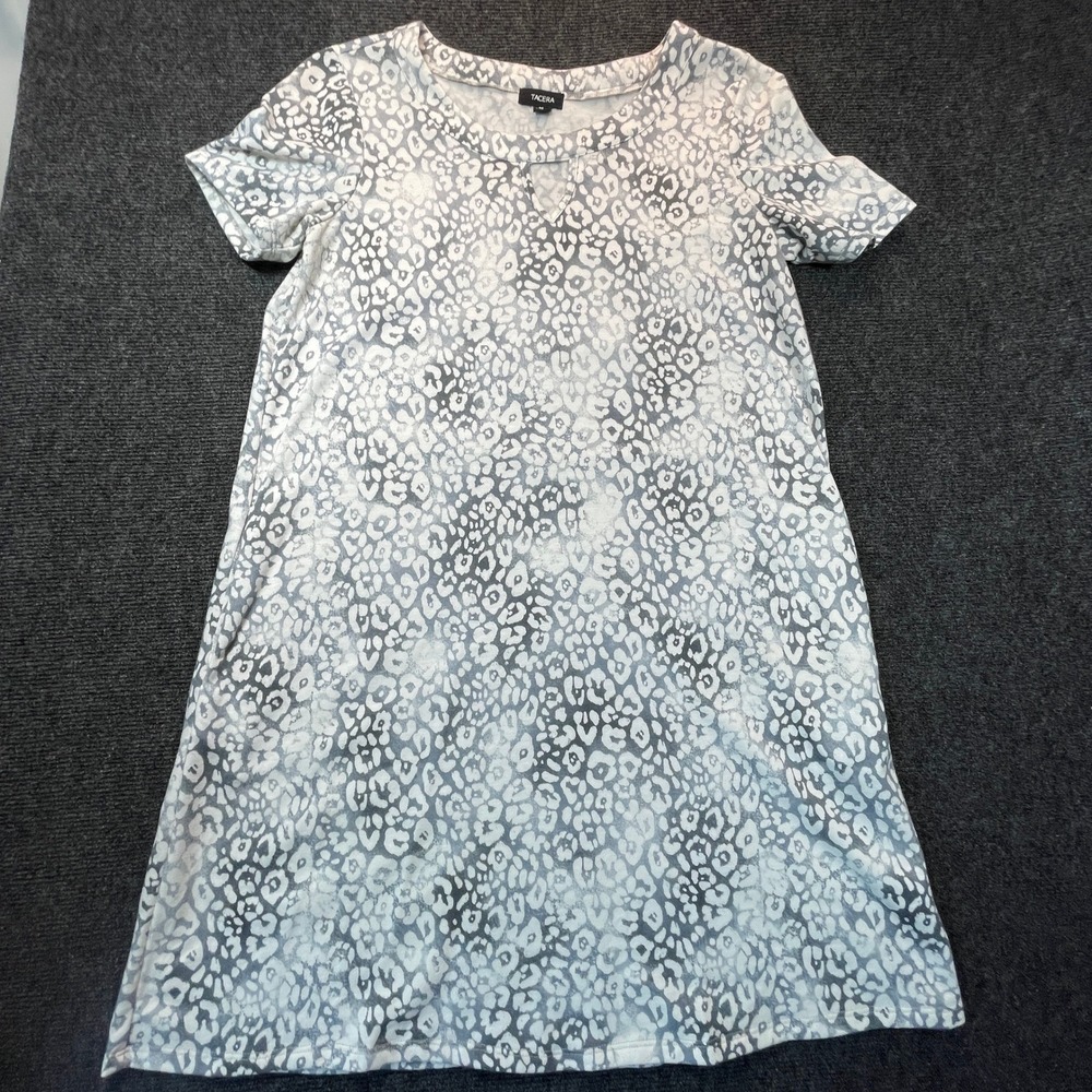 Tacera Leopard Animal Print T-Shirt Dress Womens M Gray Pockets Indie Layering